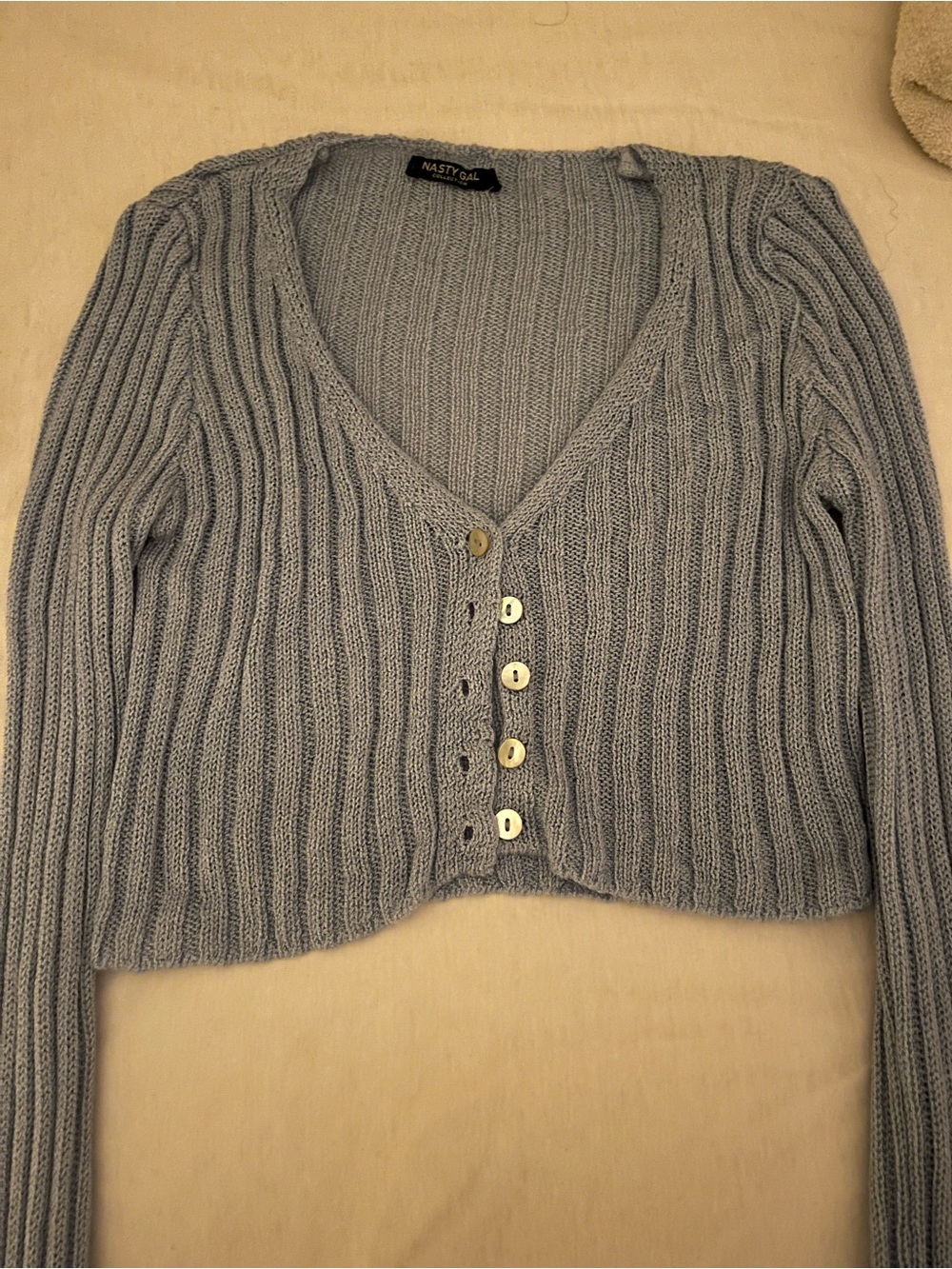 Nasty Gal Pale Blue Ribbed V-Neck Button Cardigan